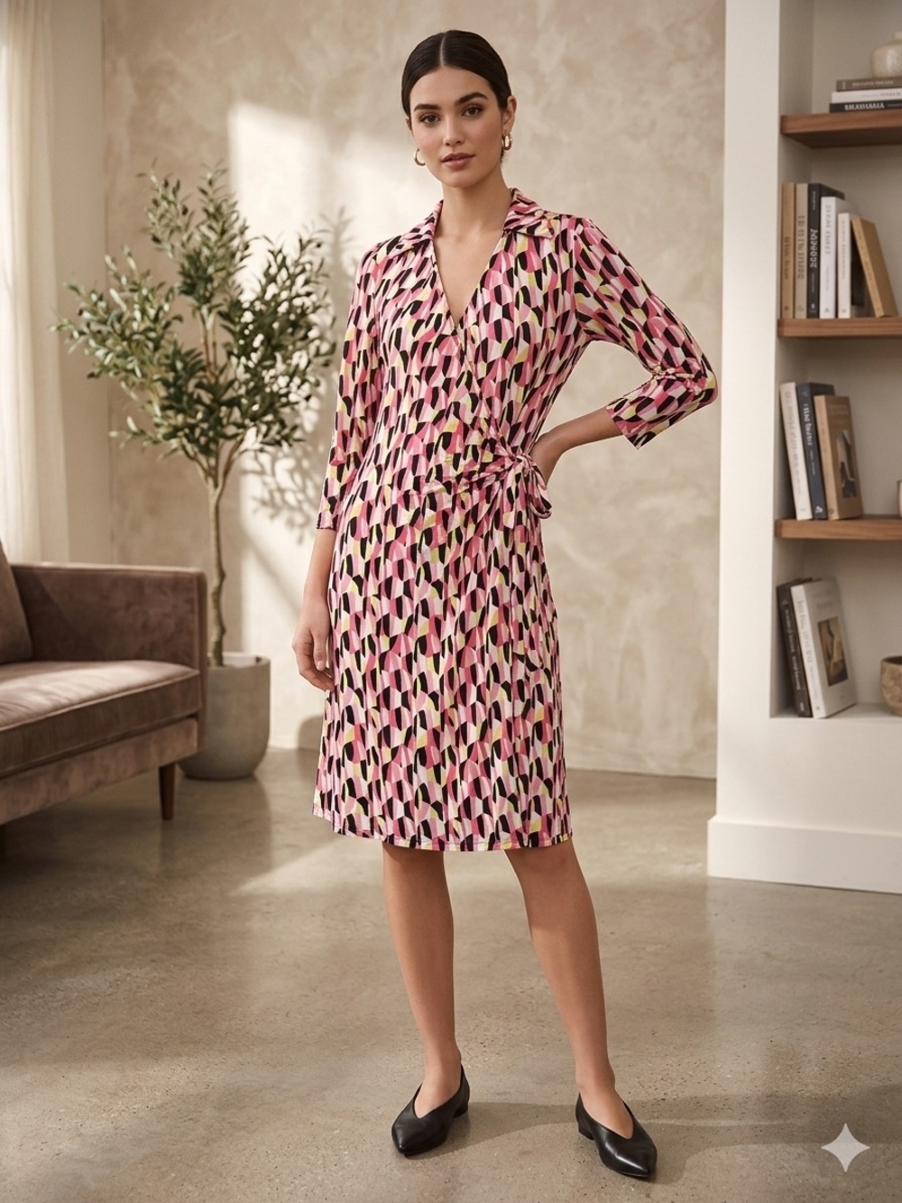 Anne Klein Pink and Black Geometric Faux Wrap Print Dress